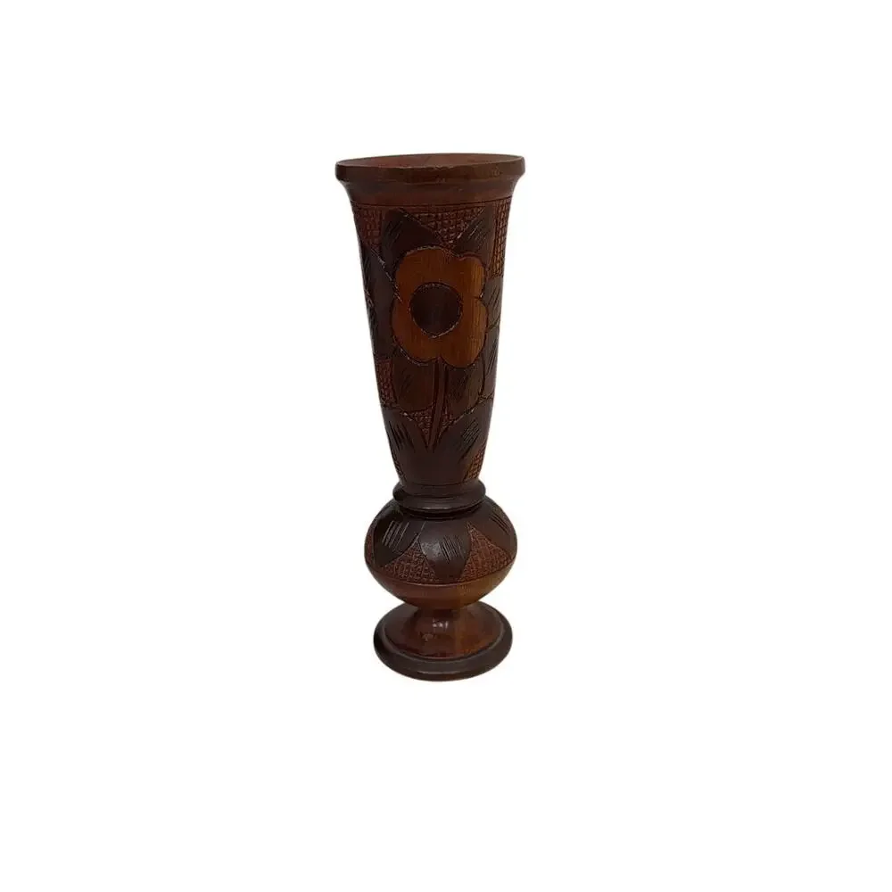 Vintage Hand Carved Wooden Vase Haitian Boho Bohemian Style Floral Design